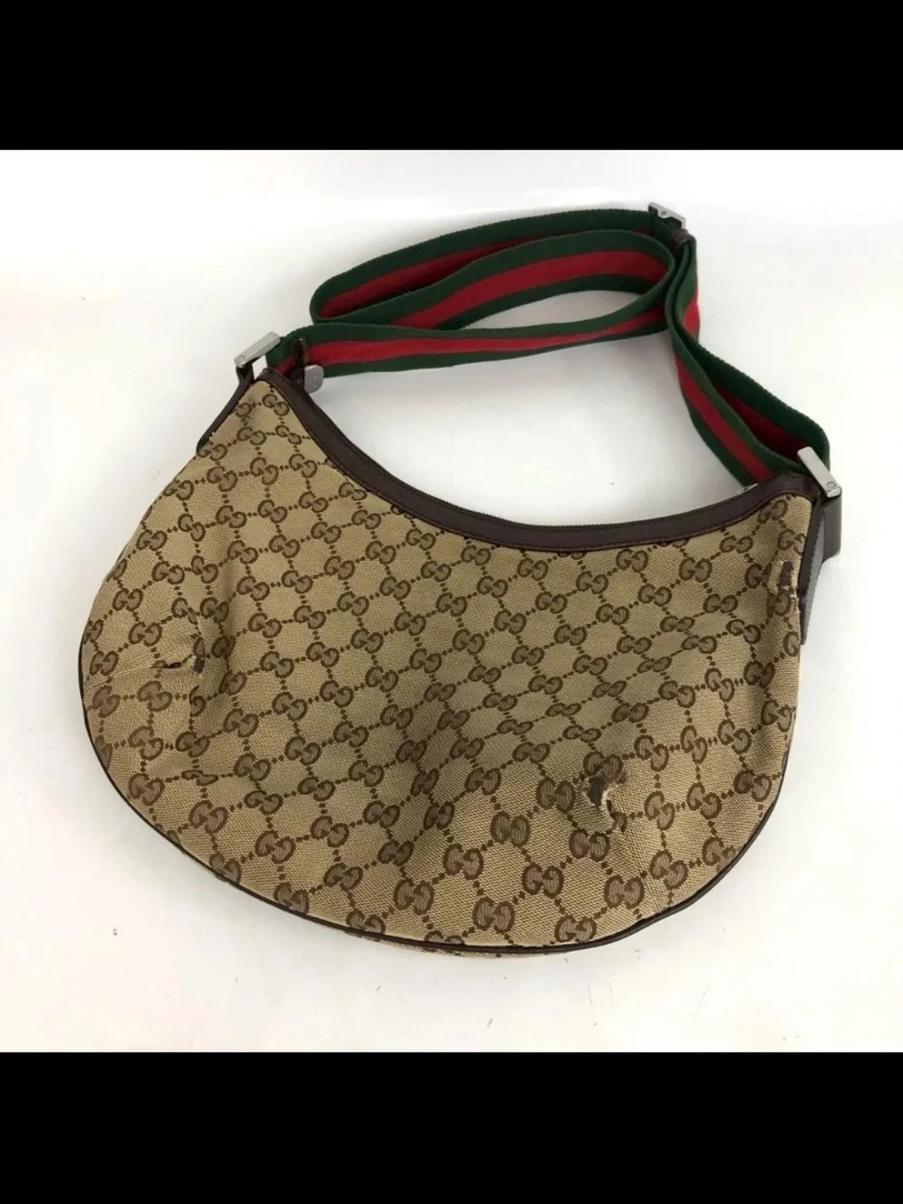Gucci Beige Brown GG Monogram Crescent Bag with Green/Red Strap